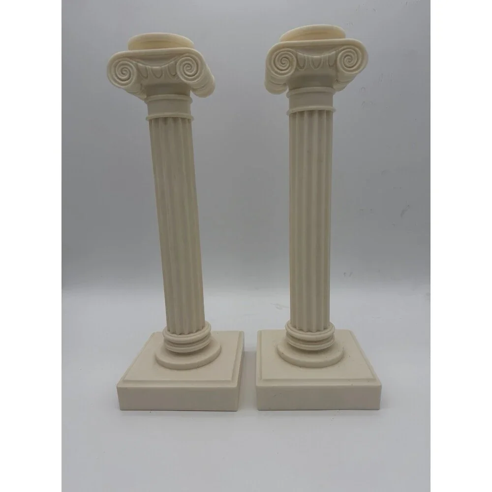 2 Alabaster Carved Roman Columns Corinthian Sculpture Candle Holders 15.5”x5”